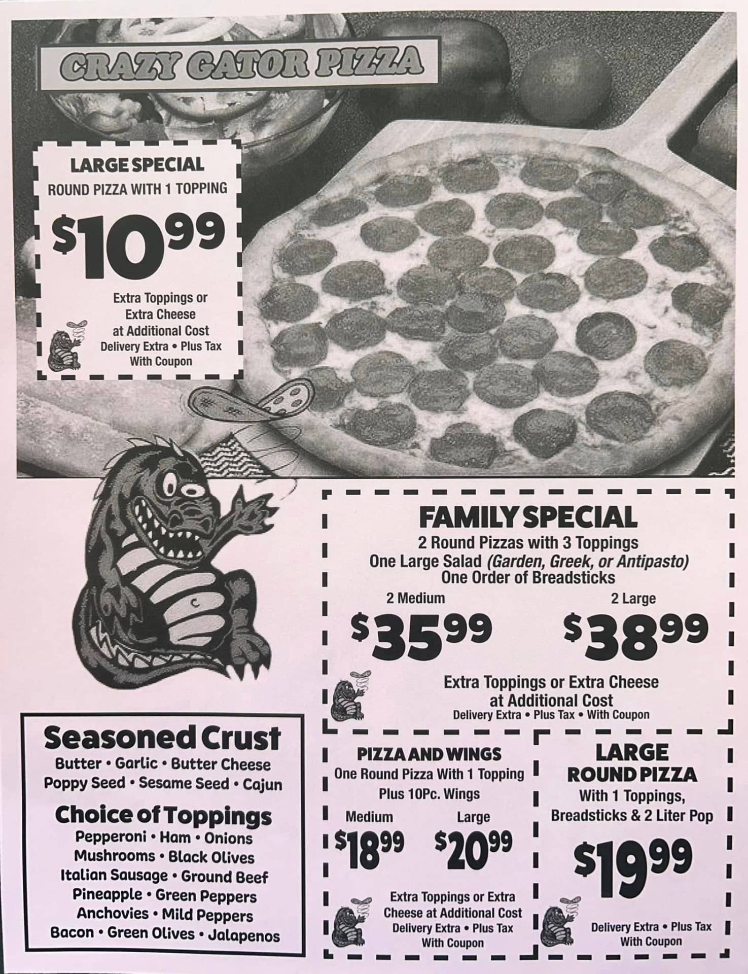 Crazy Gator Pizza printed menu page 1 — Large Special $10.99, Family Special, Pizza & Wings combo, toppings list and seasoned crust options