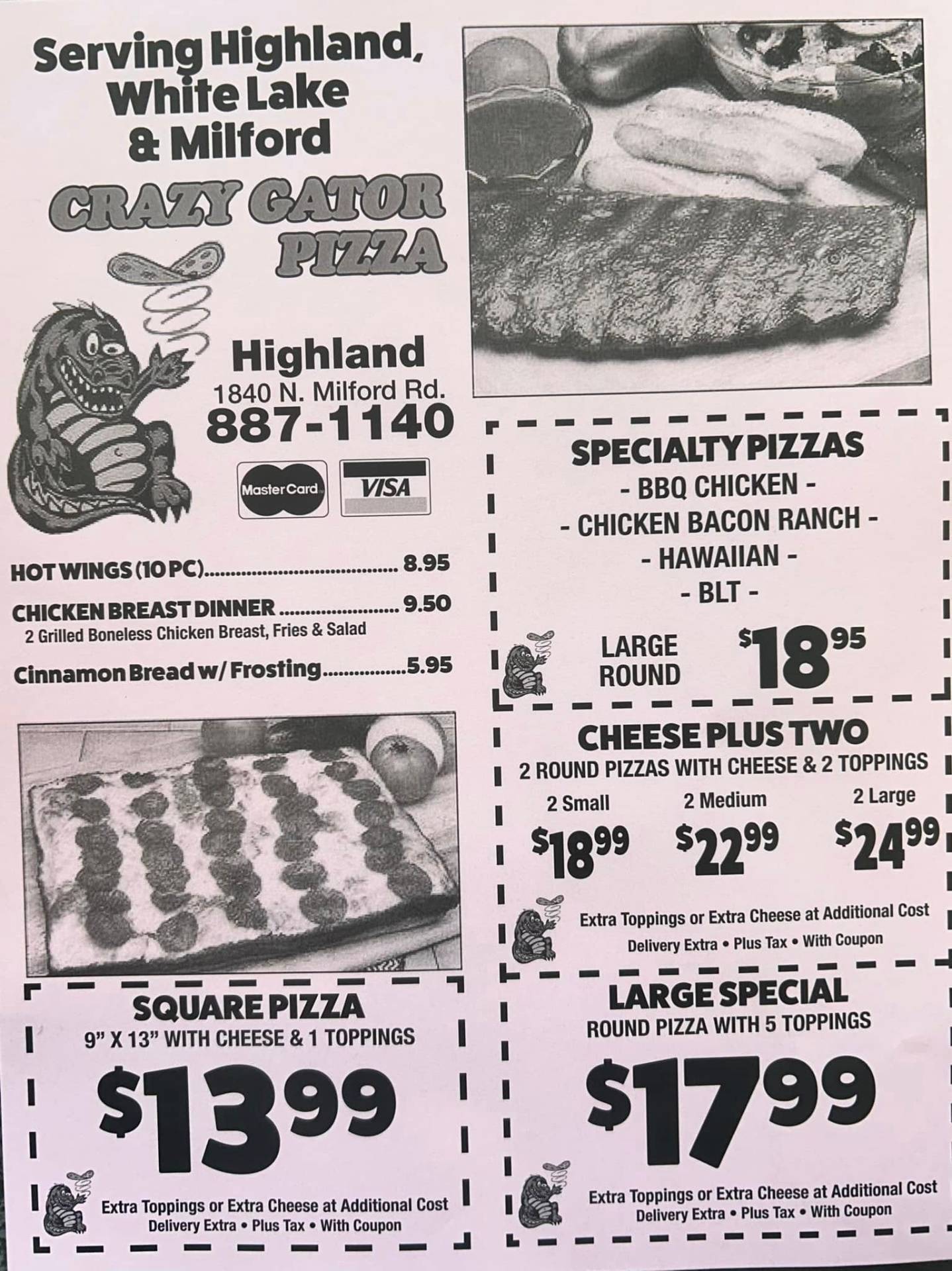 Crazy Gator Pizza printed menu page 2 — Square Pizza $13.99, Large Special $17.99, Specialty Pizzas, Cheese Plus Two, Hot Wings, Chicken Breast Dinner, Cinnamon Bread