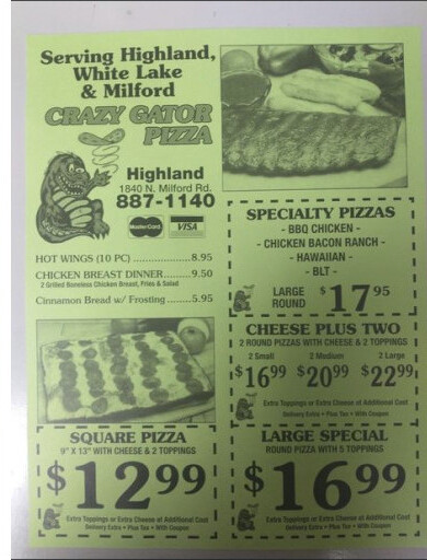 Crazy Gator Pizza printed menu featuring the cartoon gator mascot